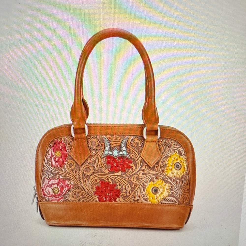 Embroidered Leather Shoulder Bag with Floral Design